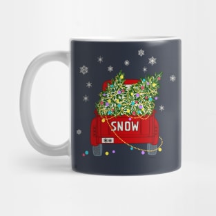 Decorated Christmas Trees on Red Old Truck Snowing Mug